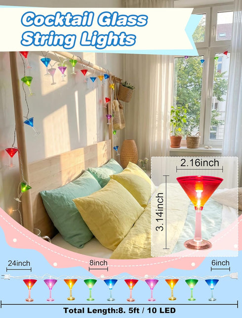 8.5Ft 10 Summer Cocktail Glass String Lights, Tropical Beach Themed Wine Glass String Lights with LED Cup Lights, Plug