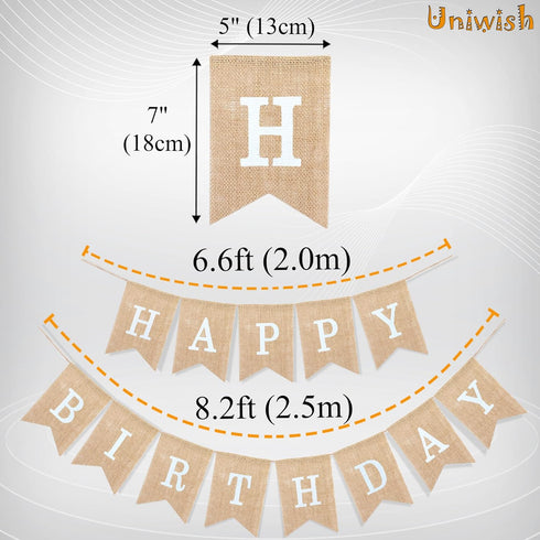 Uniwish Happy Birthday Burlap Banner - Neutral Happy Birthday Party Decorations, Boho Rustic Bunting Sign