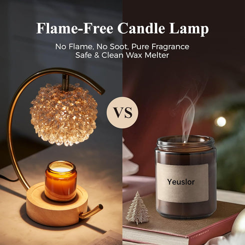 Yeuslor Gold Candle Warmer Lamp for Jar Candles with Adjustable BrightnessTimerHandcrafted CrystalWooden Base