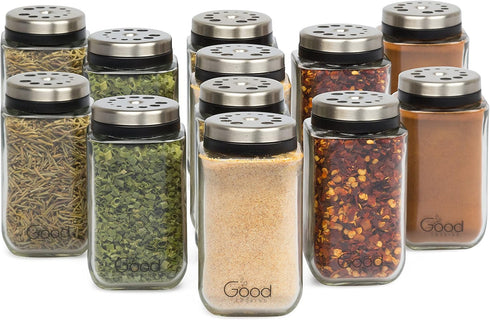 Adjustable Glass Spice Jars (Set of 12) with 6 Pouring Sizes, Stainless Steel Lid for Kitchen Storage