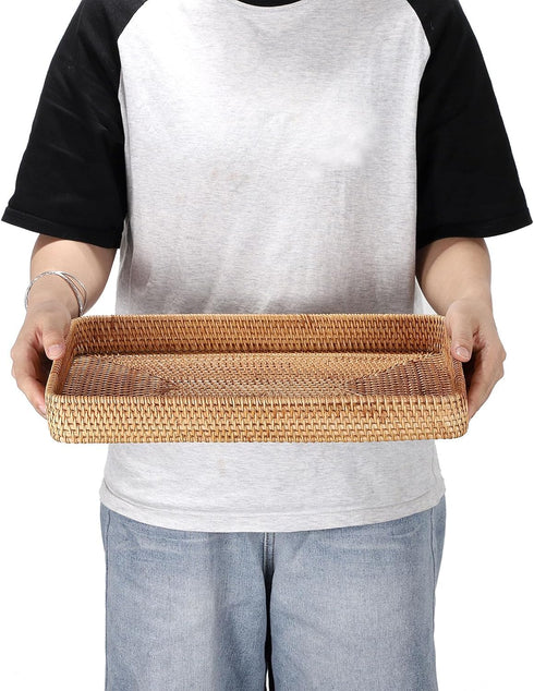 Hipiwe Decor,14.8"x 9.0"x1.8" Rattan Serving Tray Large Wicker Storage Basket Tray for Organizing Rectangular