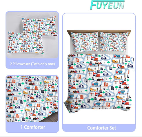 Set Set 1 1 Cartoon Truck Comforter Twin: Construction Bedding for Boys Kids Children Bedroom Dorm White Cute Cars