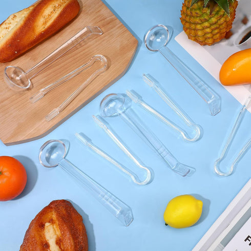 Domensi 12 Pieces Small Ladles Set, 6 Pcs Clear Plastic Tongs and 6 Pcs 1 oz Small Gravy Ladles for Kitchen Buffet