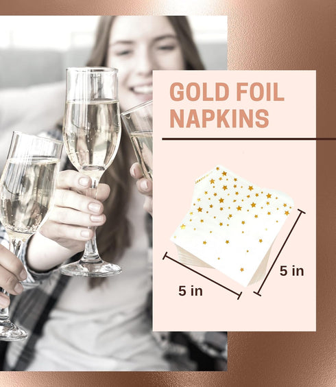 100 PK Gold Napkins - 4 Assorted Designs - 3-Ply Cocktail Napkins 5 x 5 Inches Disposable Party Napkins for Wedding