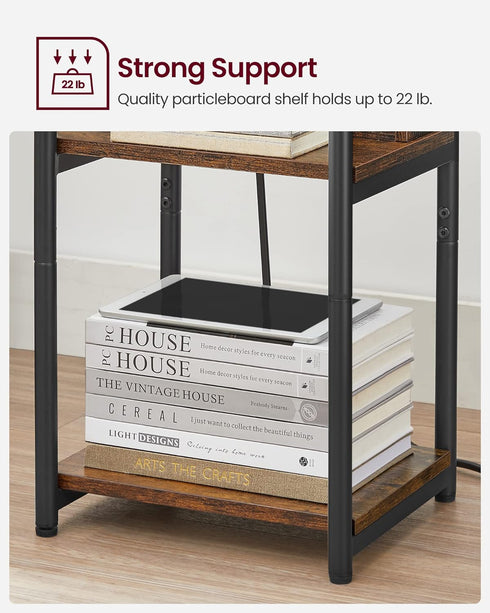 3-Tier 11.8 13.4 22.8 Inches, VASAGLE Side Table with Charging Station, End Table with USB Ports and Outlets