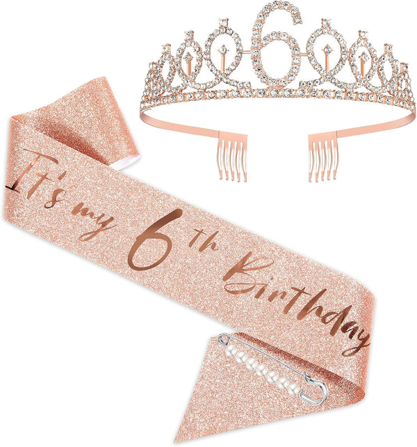 BRT Bearingshui 6th Birthday Sash and Tiara Set for Girls, Rose Gold Birthday Sash, Tiara & Cake Topper