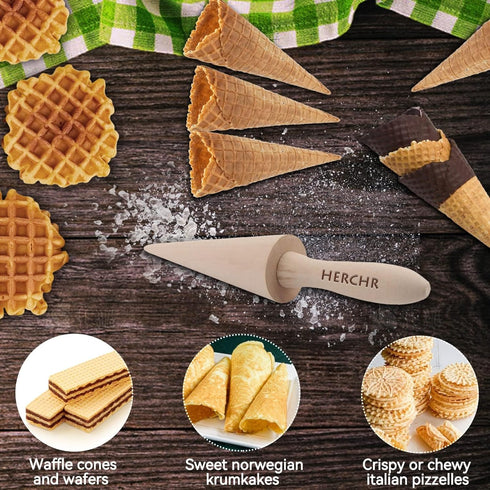 Wood Cone Roller, Pizzelle Roller, Krumkake Ice Cream Cone Mold, Natural Waffle Cone Pastry Tool for Baking