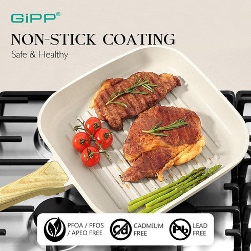 GiPP Nonstick Grill Pan for Stove Tops, 11 Inch Square Grilling Pan for Indoor and Outdoor Cooking, PFOA Free