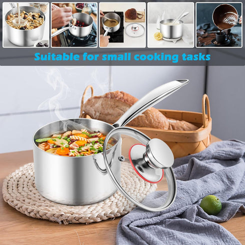 E-far 2-Quart Tri-Ply Saucepan, Stainless Steel with Glass Lid, Non Toxic, Oven & Dishwasher Safe