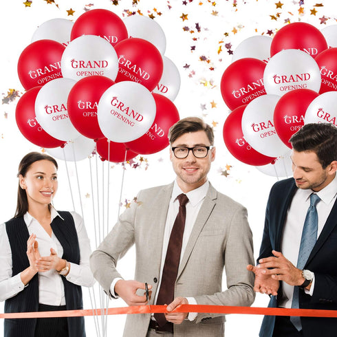 60 Pieces Grand Opening Balloons, 12 Inch Double Side Celebrate Business Latex Balloons with 3 White Ribbons
