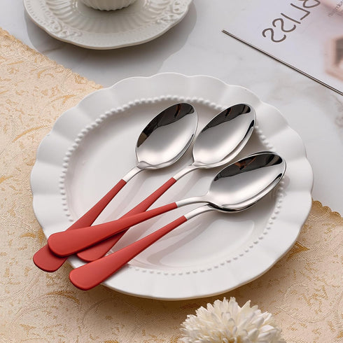 Red Dine Spoons Set, 12 Piece 7.3-Inch Red Handle Silverware Spoon, 18/0 Stainless Steel Flatware
