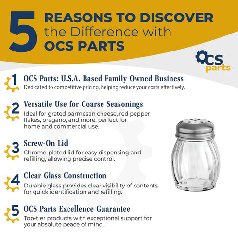 OCS Parts 3.5-Inch Glass Shaker with Chrome Plated Perforated Lid for Grated Cheese, Chili, and Red Pepper