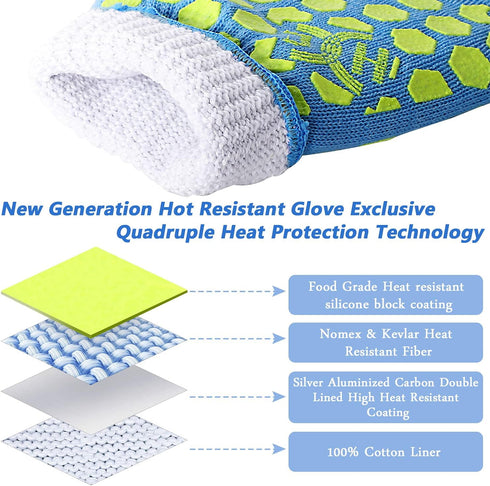 J H Heat Resistant Oven Gloves, EN407 Certified 932 °F, Sky-Blue Shell with Yellow Silicone Coating