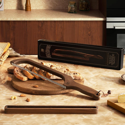 BreeziiDesign 16.5" Bread Knife with Wooden Tray, Serrated Sourdough Bread Knife, Premium Bow Bread Slicer for Homemade