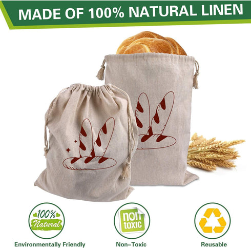 4 Packs Augshy Linen Bread Bags for Homemade Bread, Unbleached, Reusable Bread Storage Bakery & Baguette