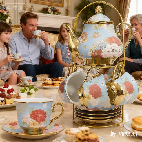 CHANJOON Set, Sets Set 6 Gold Plated Red Rose Ceramic Tea Vintage Tea with Teapot, Beautiful Tea Coffee Serving People