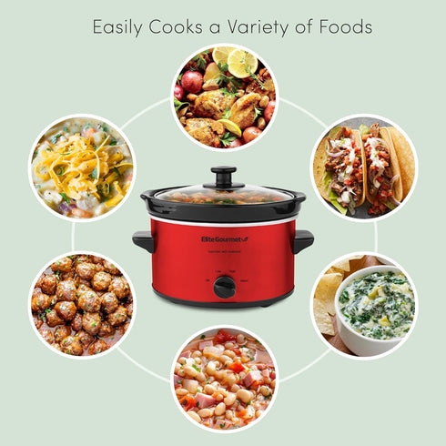 Elite Gourmet MST-275XR# Electric Oval Slow Cooker, 2 Quart, Metallic Red, Dishwasher Safe Glass Lid