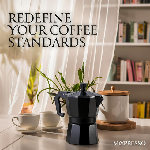 Mixpresso Black 3 Cup Moka Pot, Classic Italian Coffee Maker for Gas, Electric Stove Top, Makes 3 Espresso Cups