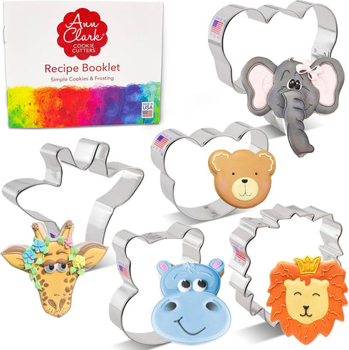Zoo Faces Cookie Cutters 5-Pc. Set, Giraffe, Lion, Hippo, Elephant, Bear Faces, Made in the USA