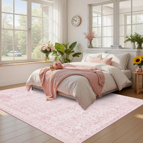 5x7 Rugxara Pink Rug for Living Room Bedroom, Area Rugs Washable Vintage Floral Retro Boho Non Slip & Low Pile Nursery