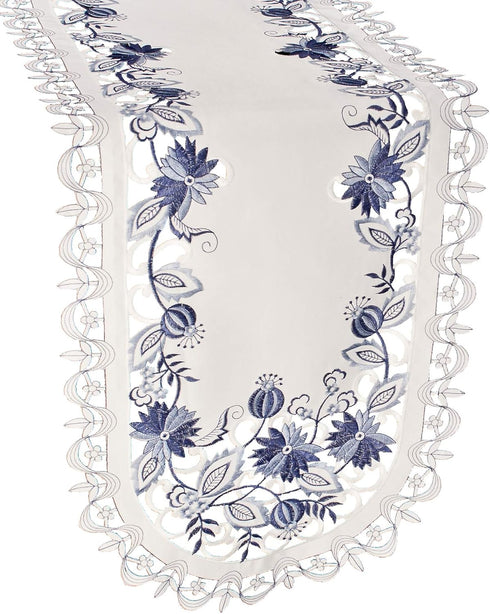 Embroidered Delft Blue Onion Flower Table Runner - Dresser Scarf, Doily (15Wx34L)