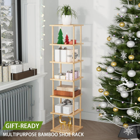 7 Closet Vertical Tall Shoe Rack For Entryway - Tall Tier Free Standing Slim Narrow Bamboo Wood Shoe Boots Storage