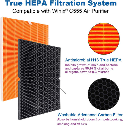 Flintar 116131 True HEPA Replacement Filter I, Compatible with Winix C555 Air Purifier, H13 Grade and Washable