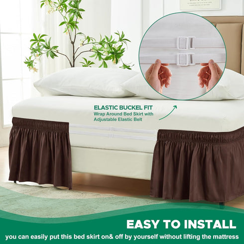 Biscaynebay Wrap Around Bed Skirts for Queen Beds, 15" Drop, Brown Adjustable Elastic Dust Ruffles