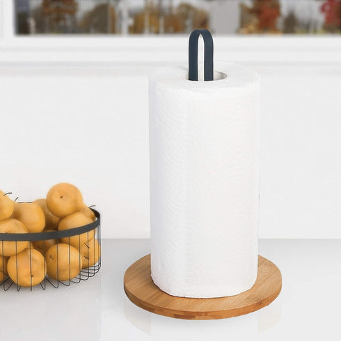 TIEYIPIN Paper Towel Holder, Countertop Roll Stand with Anti-Skid Bamboo Base for Kitchen and Table