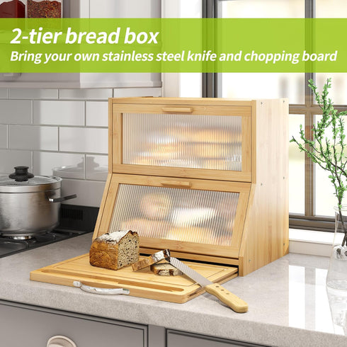Countertop BMOSU Double-Layer Large Bread Box with Cutting Board for Kitchen Bread Box With Frosted Glass Window
