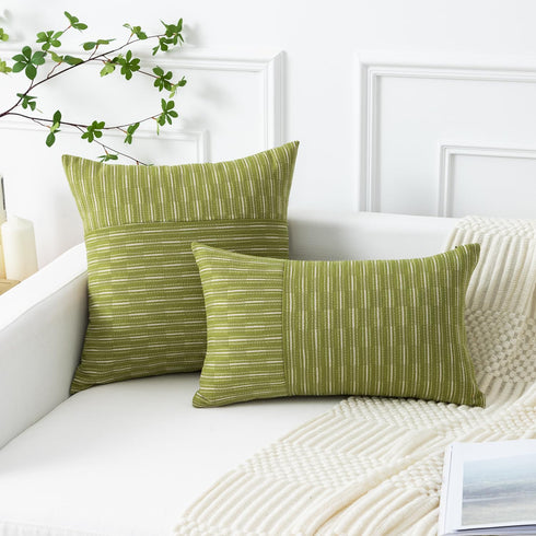 18x18, Set 2, Kevin Textile Light Green and Beige Farmhouse Striped Patchwork Linen Spring Decorative Throw Pillows
