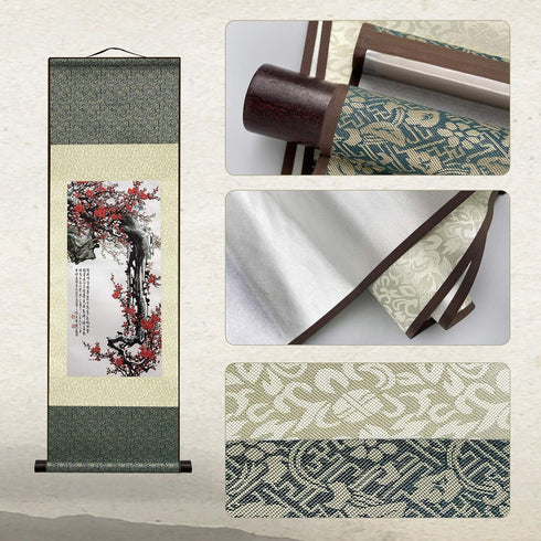 AtfArt Asian Wall Decor, Beautiful Silk Scroll Painting Flowers - Proud Plum, Iron Heart Oriental Wall Hanging