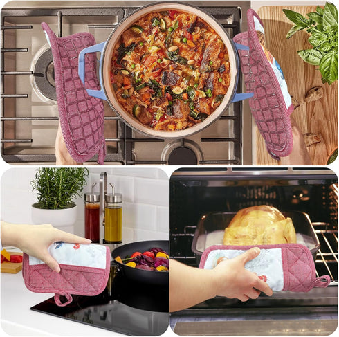 Pot Holders Set of 3 - Silicone Non Slip Heat Resistant Hot Pads, Cotton BBQ Grilling, Red Potholders