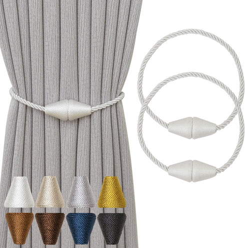Magnetic Curtain Tiebacks 2 Pack, Outdoor Rope Tie Backs for Decorative Window Treatment, White