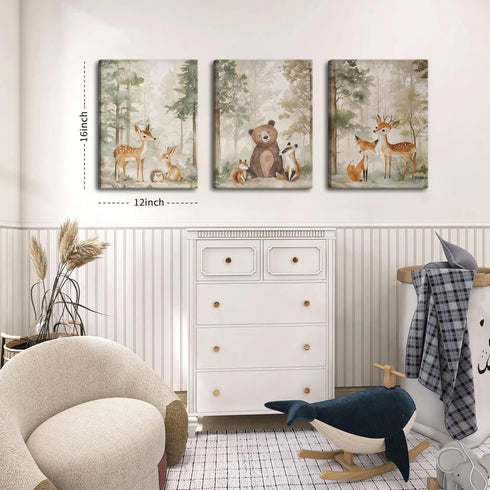 Set 3 12x16 inch Nursery Canvas Wall Art of - Woodland Wild Animals Bear Fox Deer Watercolor Paintings Pictures Wall