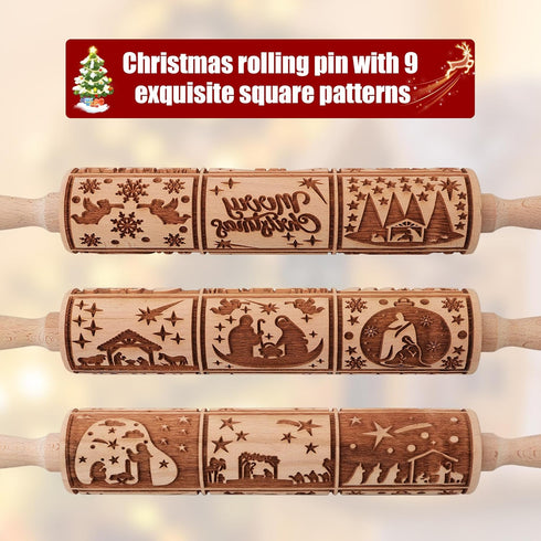 17" Premium Wood Rolling Pin with Nativity Embossed Designs, 3mm Deep Springerle Cookie Molds for Baking Gifts