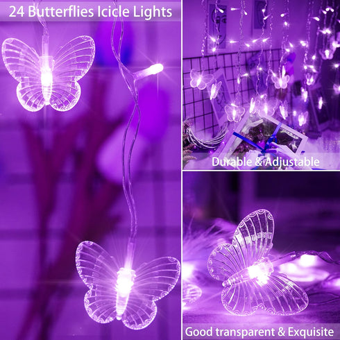 in,120 8 20FT Purple Butterfly Curtain Fairy Lights USB Plug LED Modes Firefly Twinkle Icicle String Lights with Remote