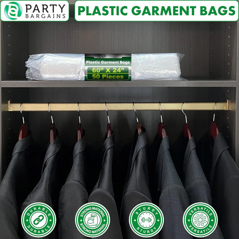 Party Bargains 60x24 Inch Clear Plastic Garment Bags, 50 Pack