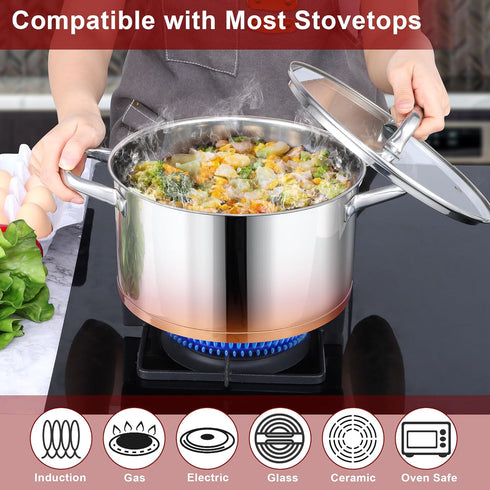 LIANYU 6 QT Stainless Steel Stock Pot, Tri-ply Base Cooking Pot with Glass Lid, Heavy Duty Non-toxic Cookware