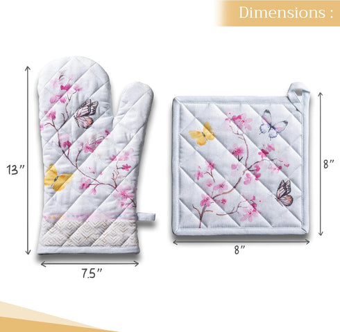 Maison d' Hermine Oven Mitt & Pot Holder Set - 100% Cotton, Heat Resistant BBQ Cooking Gloves (Blossoms In Spring)
