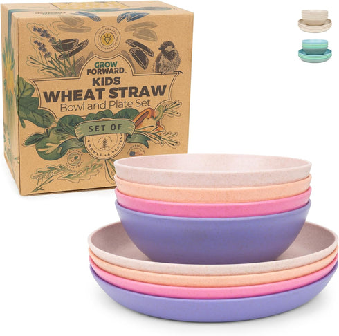 Grow Forward 8-Piece Wheat Straw Kids Plates and Bowls Sets, Unbreakable Dishwasher & Microwave Safe Dishes for Children