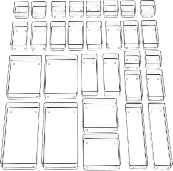 SMARTAKE 30-Piece Drawer Organizer with Non-Slip Silicone Pads for Makeup, Jewelry, Utensils (Clear)