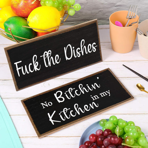 Jetec 2 Pieces Funny Kitchen Signs, No Bitchin in My Kitchen Rustic Wooden Wall Art Decoration, 10 x 5 Inch (Stylish)