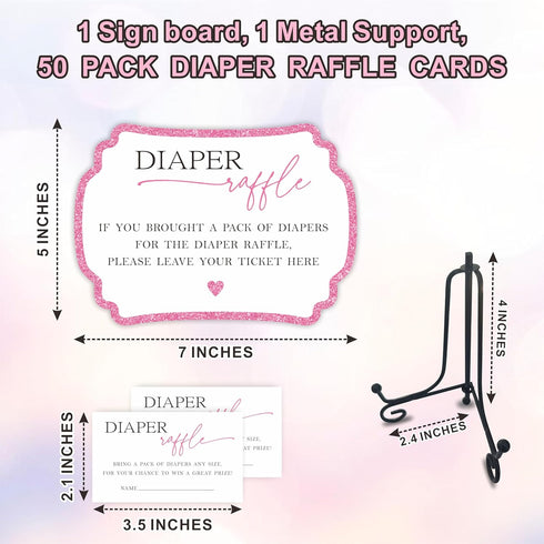 Pink Diaper Party Game Set, 50 Pcs Diaper Raffle Tickets, 1 Wooden Sign & 1 Iron Stand, Baby Shower Kit