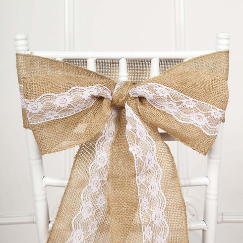 Efavormart 5"x108" | Natural Burlap with Lace Chair Sashes Covers, Hessian Fabric