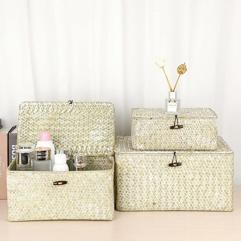 Hipiwe Wicker Shelf Baskets Bin with Lid, Natural Seagrass Storage Boxes, Multipurpose Home Organizer Bins