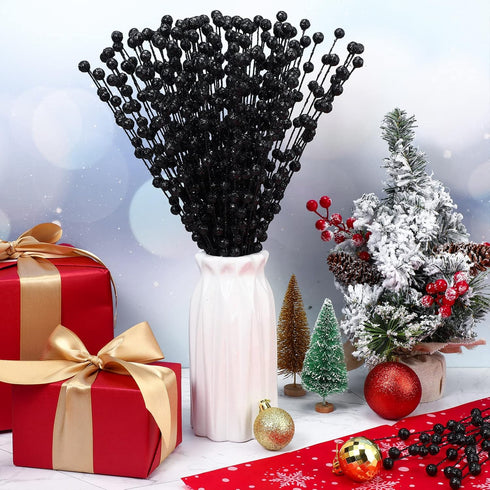 Syhood 200 13.8 Inches Pcs Glitter Berry Stems, Christmas Berry Picks Holly Branches for Christmas Tree Decorations