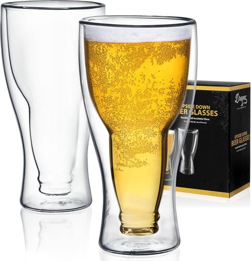 Dragon Glassware Beer Glasses, 13.5 oz Clear Double Wall Insulated Set of 2, Upside Down Design