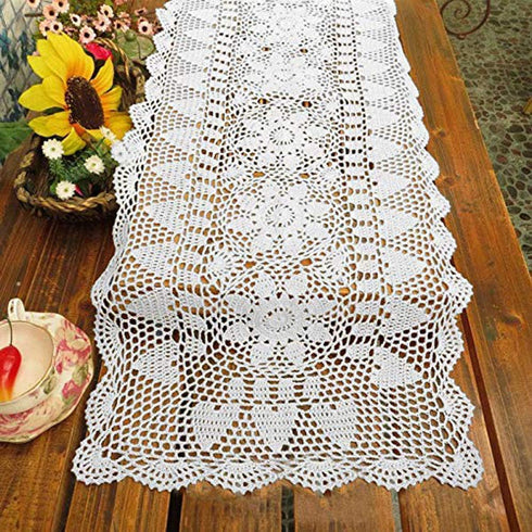 White Handmade Crochet Cotton Table Runner Lace Doilies Doily Rectangle Dresser Scarves,16