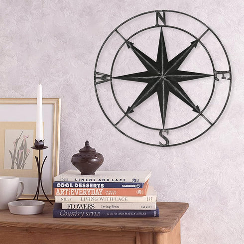 aboxoo Round Metal Compass, Decorative Compass Metal Wall Art, 11 Inch Black Diameter Farmhouse Indoor Outdoor Decor